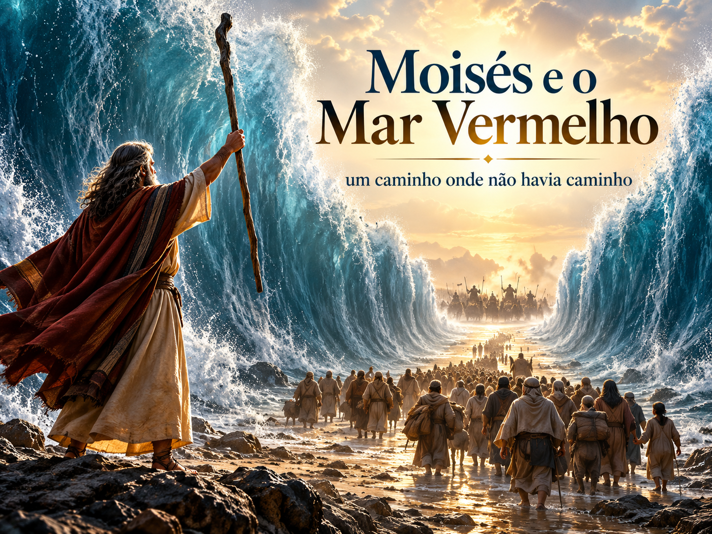 Moisés diante do Mar Vermelho aberto, enquanto o povo de Israel atravessa pelo caminho entre as águas.